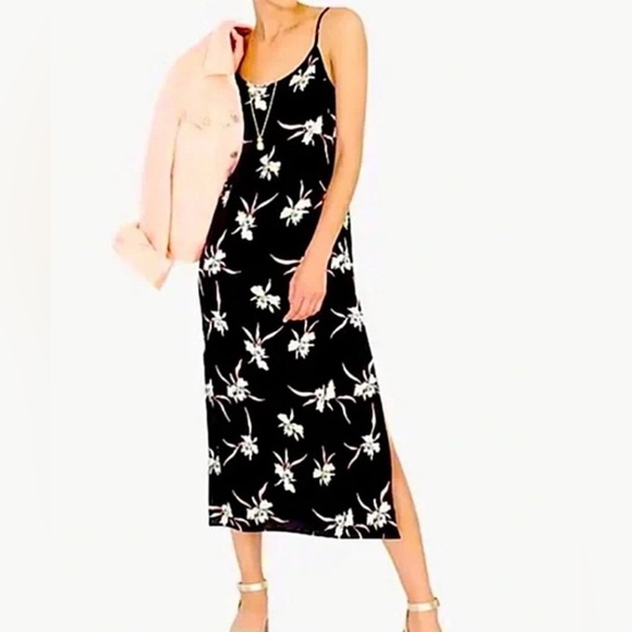 J.Crew Black Floral Spaghetti Strap Midi Slip Dress XS - Picture 1 of 7